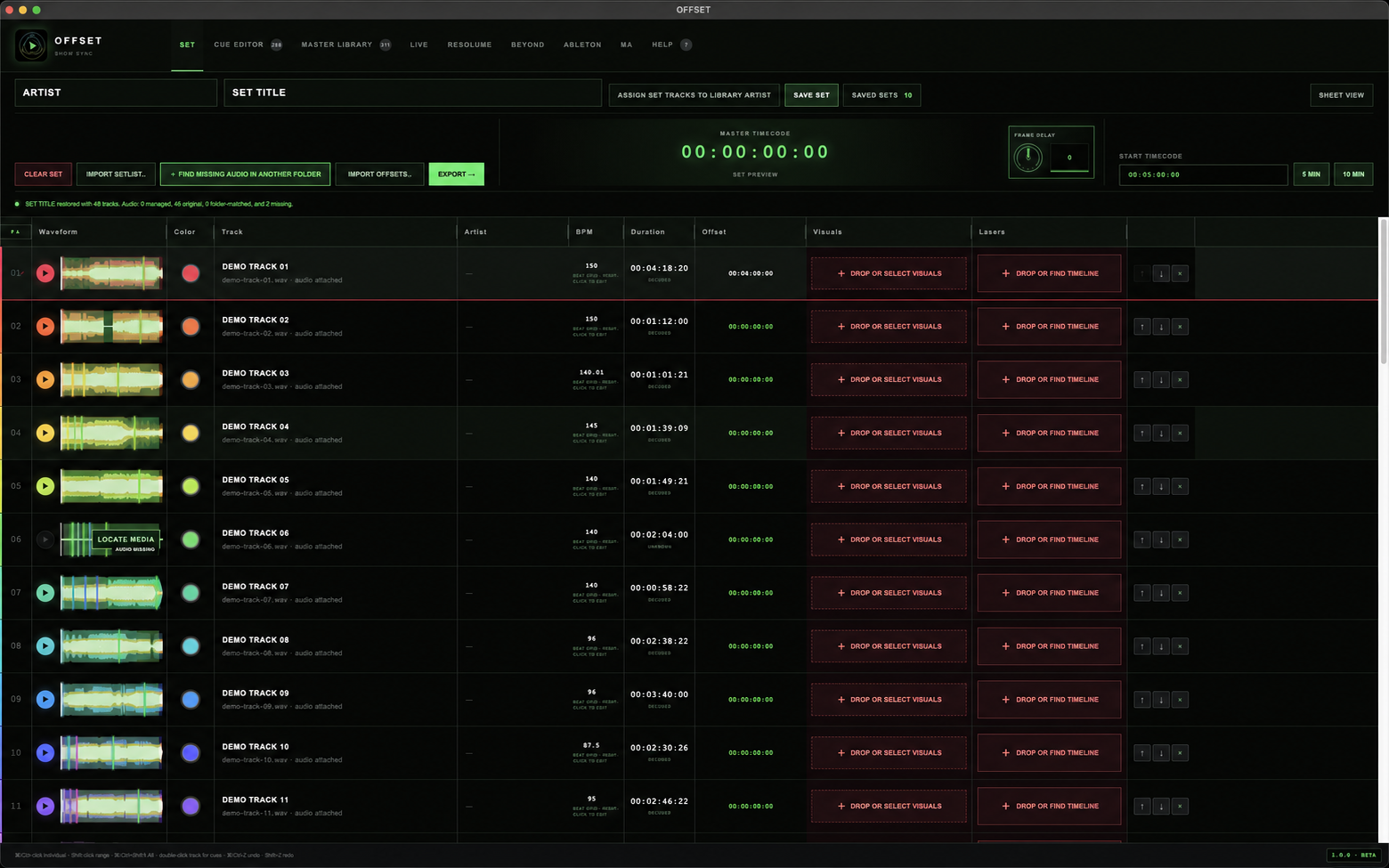 OFFSET SET workspace with fictional demo track names