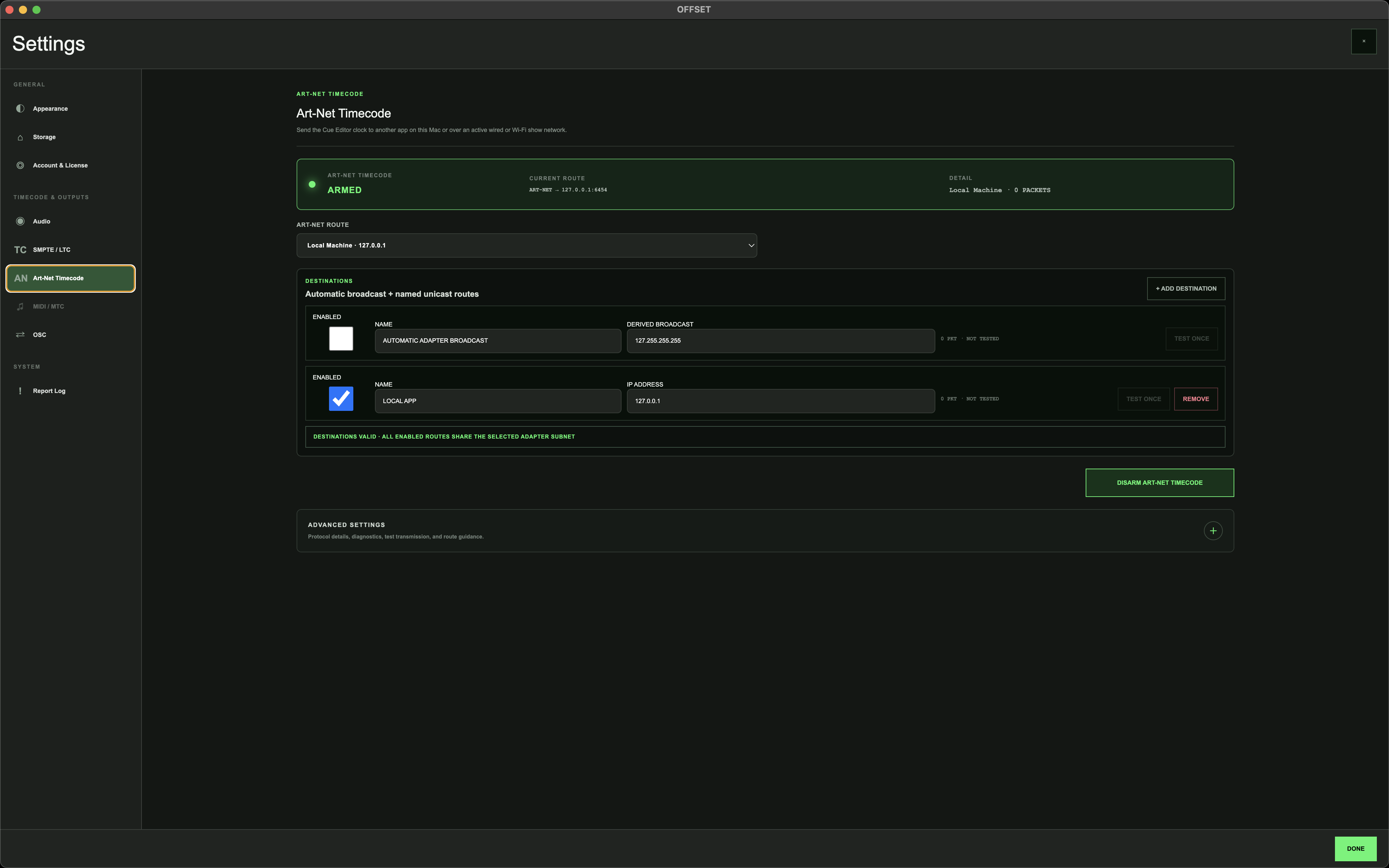 OFFSET Art-Net Timecode settings